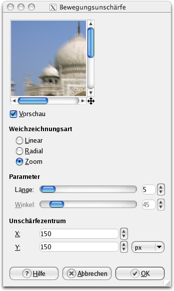 Eigenschaften für das Filter Bewegungsunschärfe